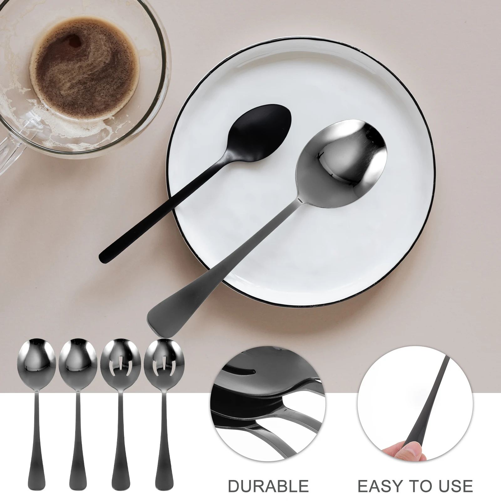 

4 pcs Stainless Steel Common Spoon Fork Set Salad Serving Spoons Food Scoops Colander Kitchen Utensils Household Hotel