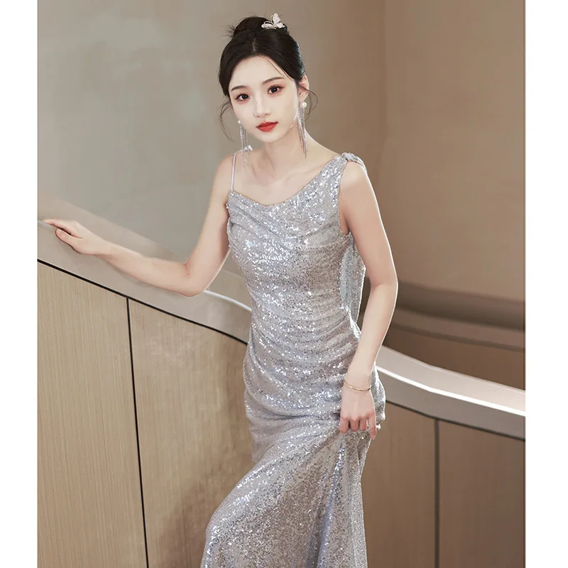 Silver Sequin Evening Dress Women Spaghetti Strap Backless Prom Gown Elegant Modern Sleeveless Fishtail Cocktail Dresses