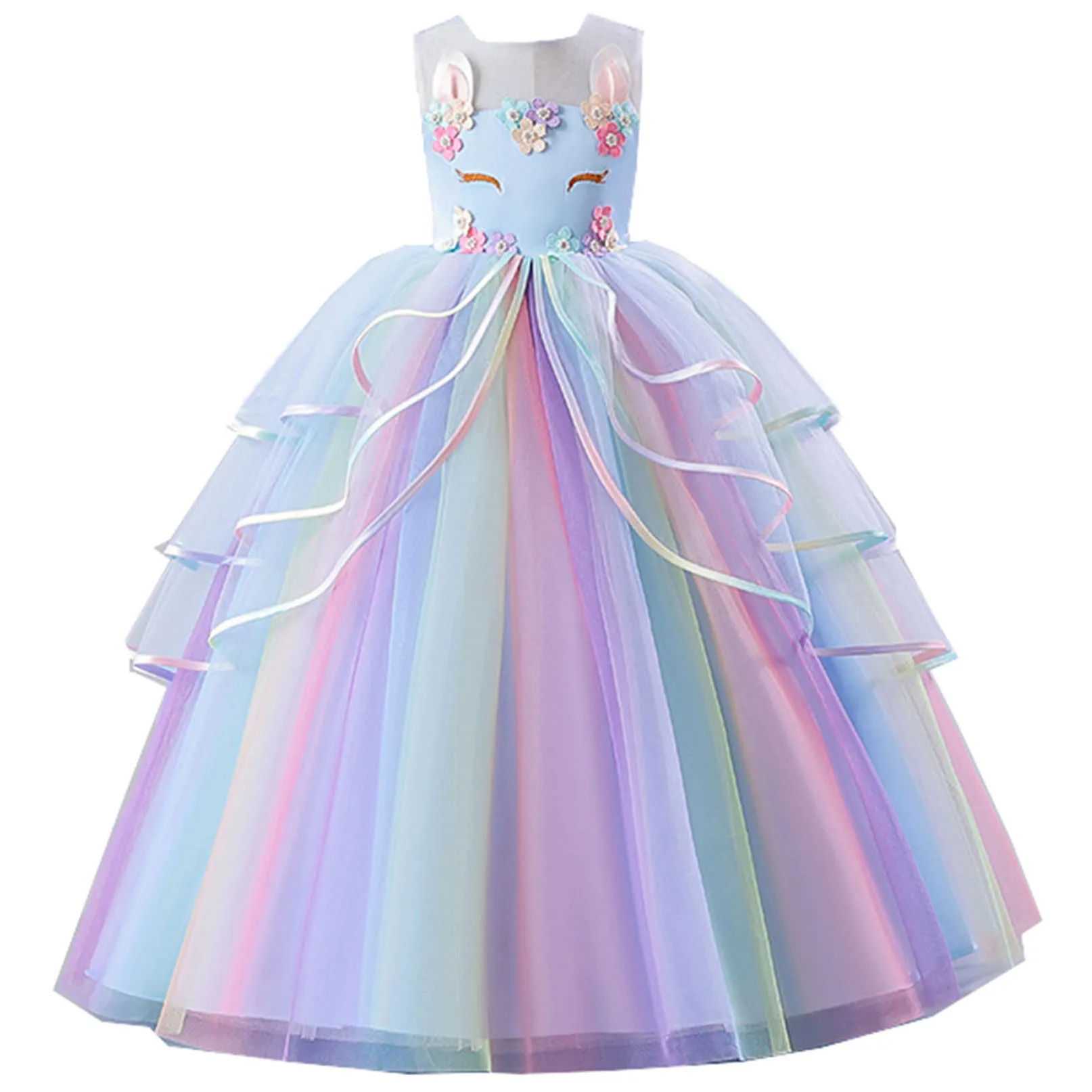 Elizabeth Fashion Little Big Girls Unicorn Flower Girl Birthday Party Formal Dress Long Pageant Dress AC1080