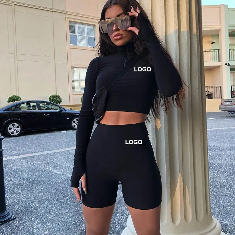 custom Spring Summer Woman outdoor outfits 2 piece Short sets women clothing long sleeves half zipper Sweatshirt Sweatsuit