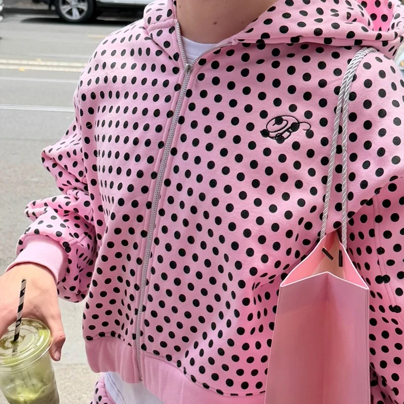 

Европейская и американская модная толстовка унисекс с черно-розовым принтом в горошек на молнии, удобная толстовка на молнии в стиле High Street