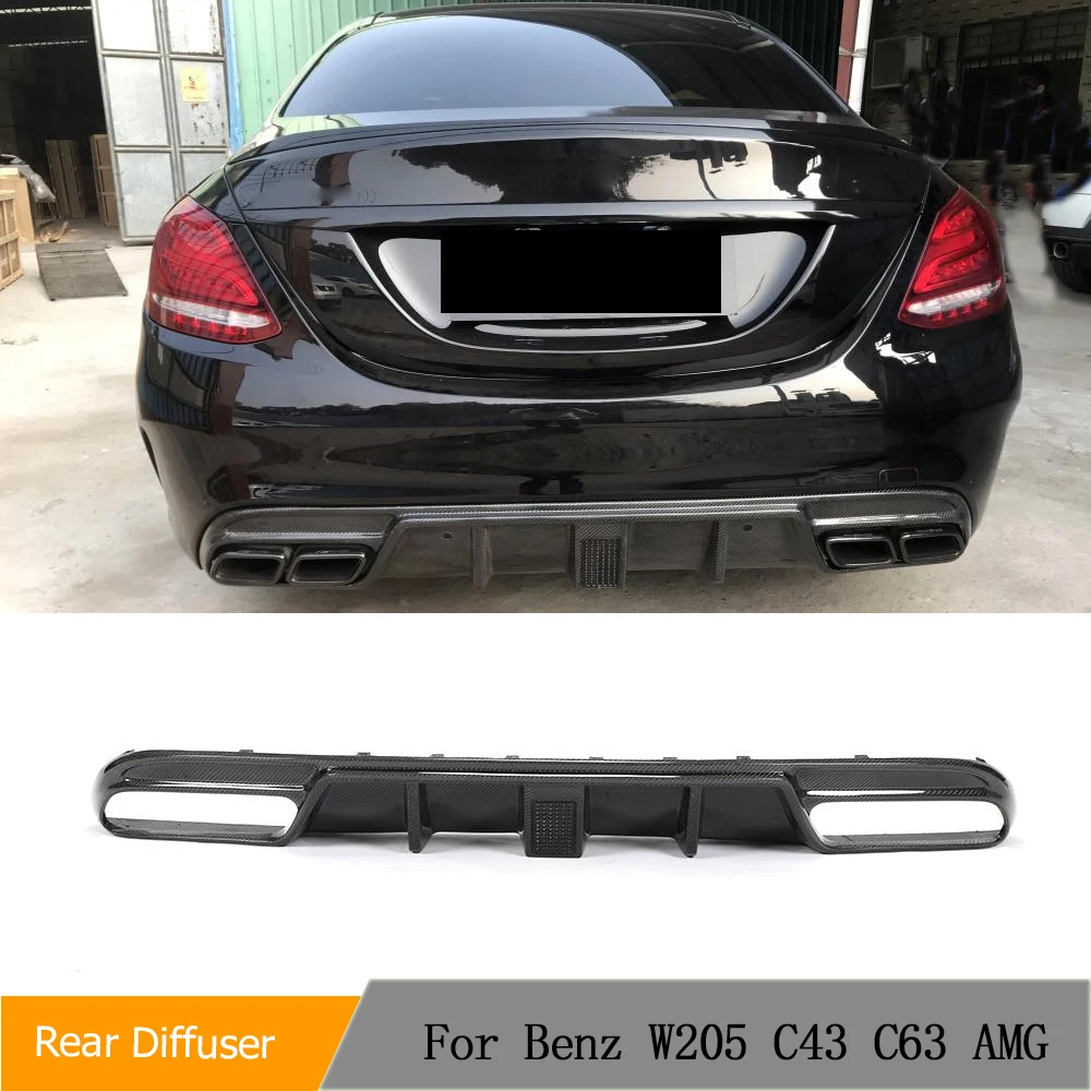 Car Rear Bumper Carbon Fiber Diffuser Lip Spoiler for Mercedes-Benz C Class W205 Sport C43 AMG Sedan 2015-2020 WLED FRP Black