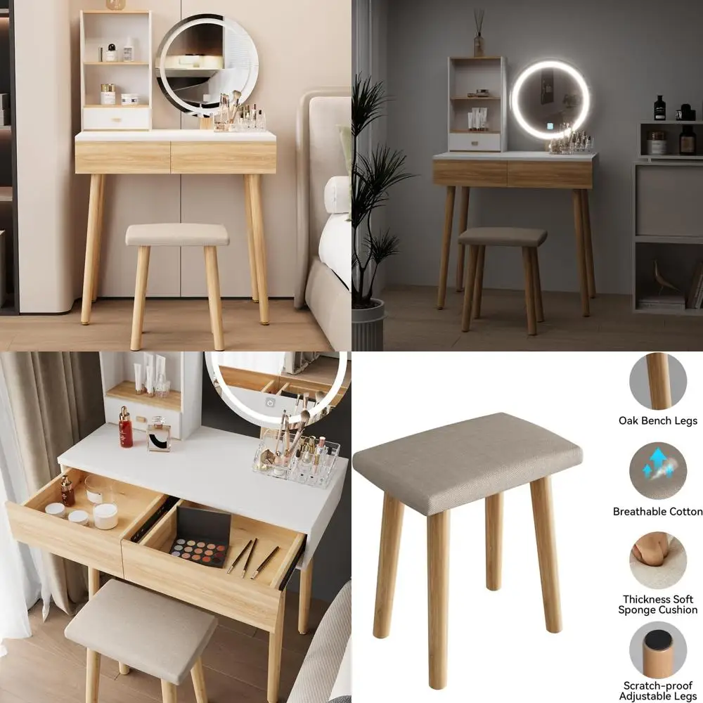 공간이 제한된 방을 위한 조명 조절 및 서랍이 있는 컴팩트한 화장대
