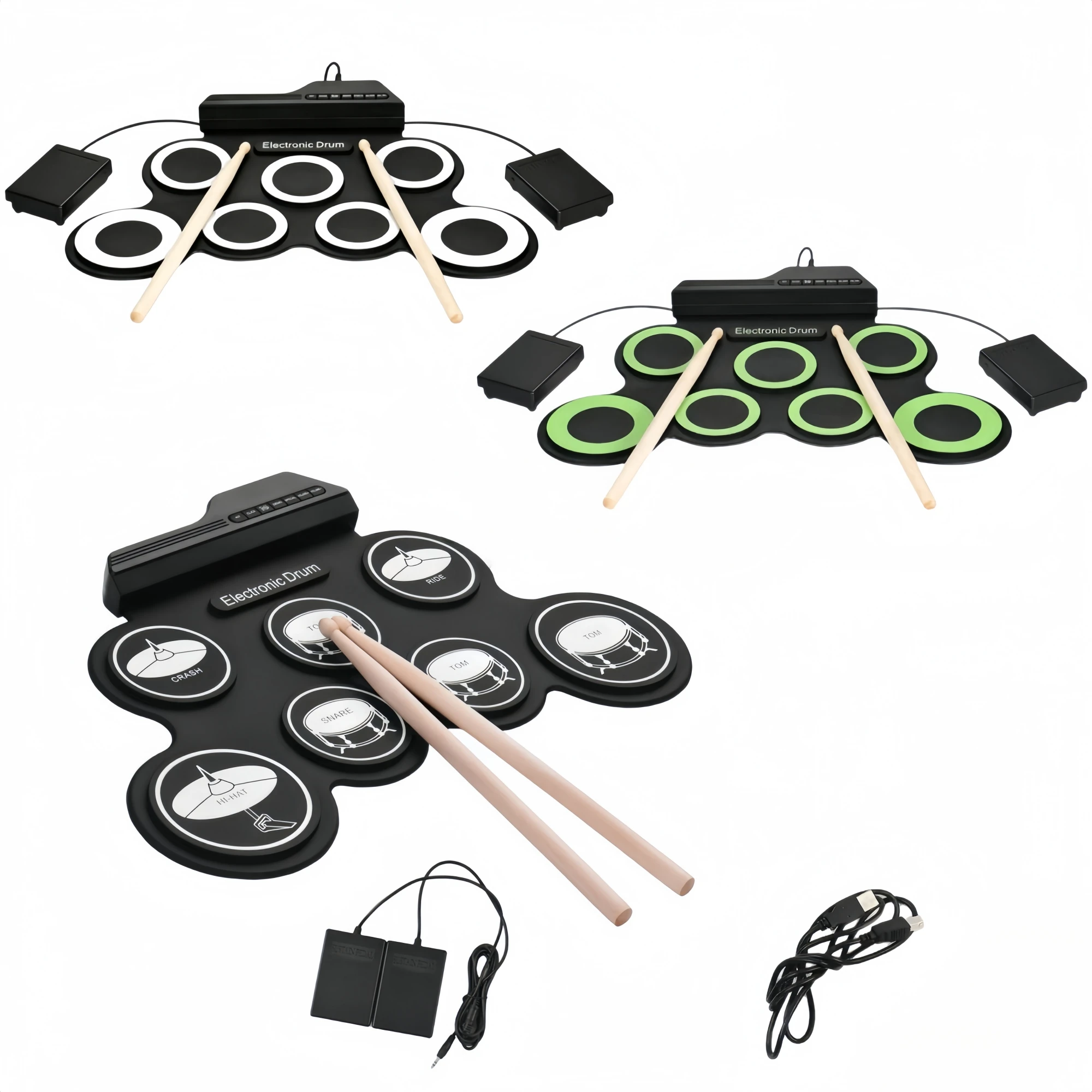 Miwayer Compact USB Roll-Up Silicone Drum Set Digital Electronic Drum Kit 7 Pads with Drumsticks Foot Pedal for Beginner