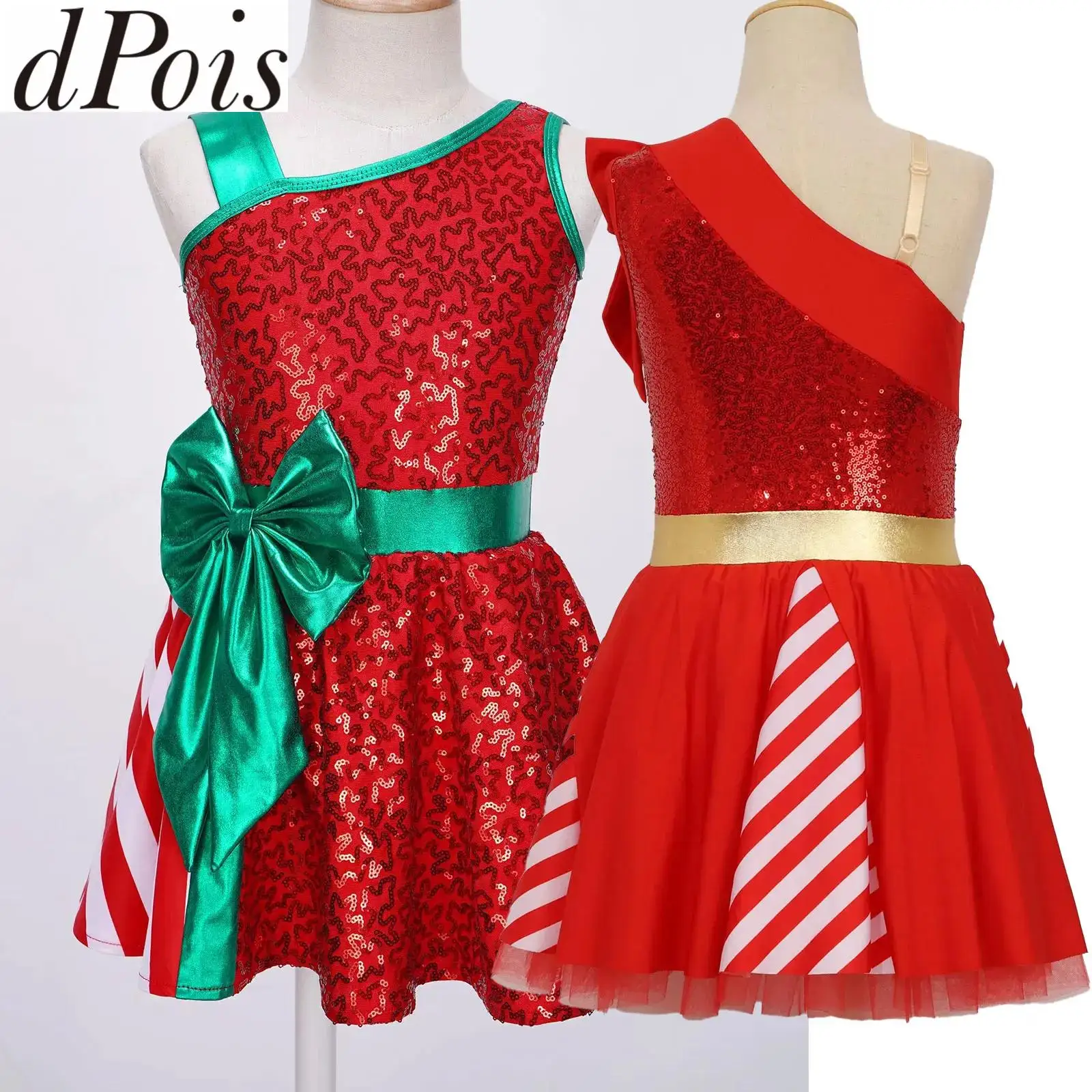 Kid Girls Sequin Ballet Tutu Dance Dress Christmas Big Bow Stripe Gymnastics Leotard Figure Skating Dancewear Party Elf Costumes