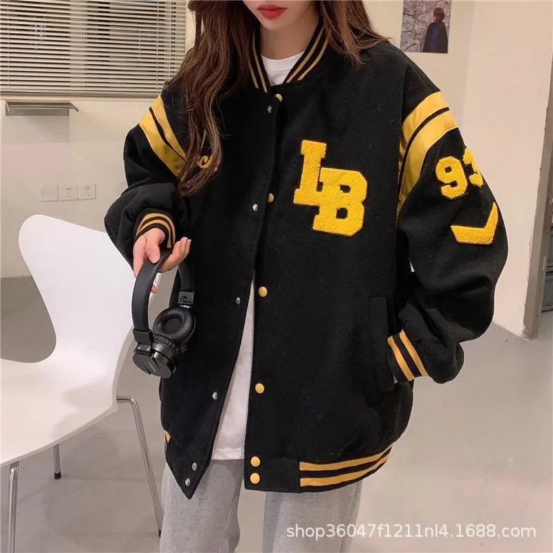 Bomber Jackets Women Harajuku Autumn Winter Vintage Oversized Button Varsity Baseball Jacket Coat Lady Streetwear All-match Coat