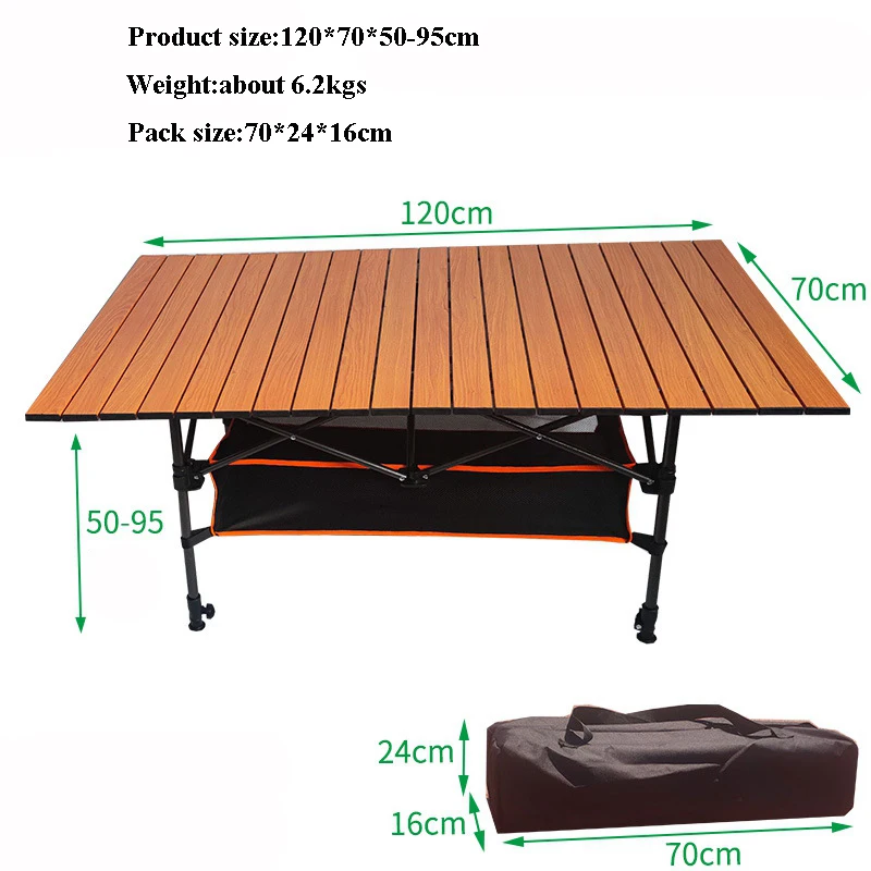 Outdoor Adjustable All-aluminum Alloy Imitation Wood Grain Folding Table Picnic Camping Barbecue Portable Car Liftable Desk