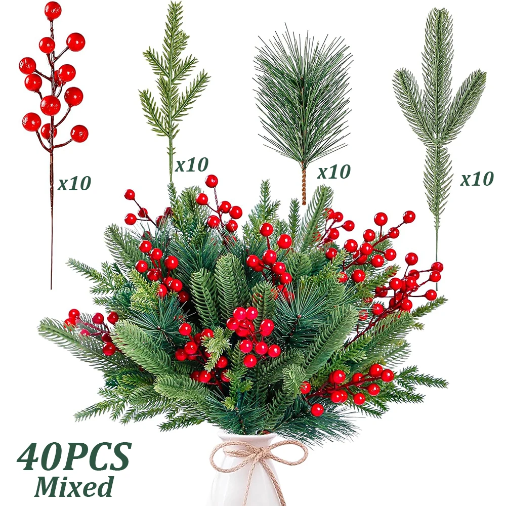Branches d'aiguilles de pin artificielles, 40 pièces, fausses baies rouges vertes, fausses fleurs pour bricolage, couronne, décorations d'embellissement de noël