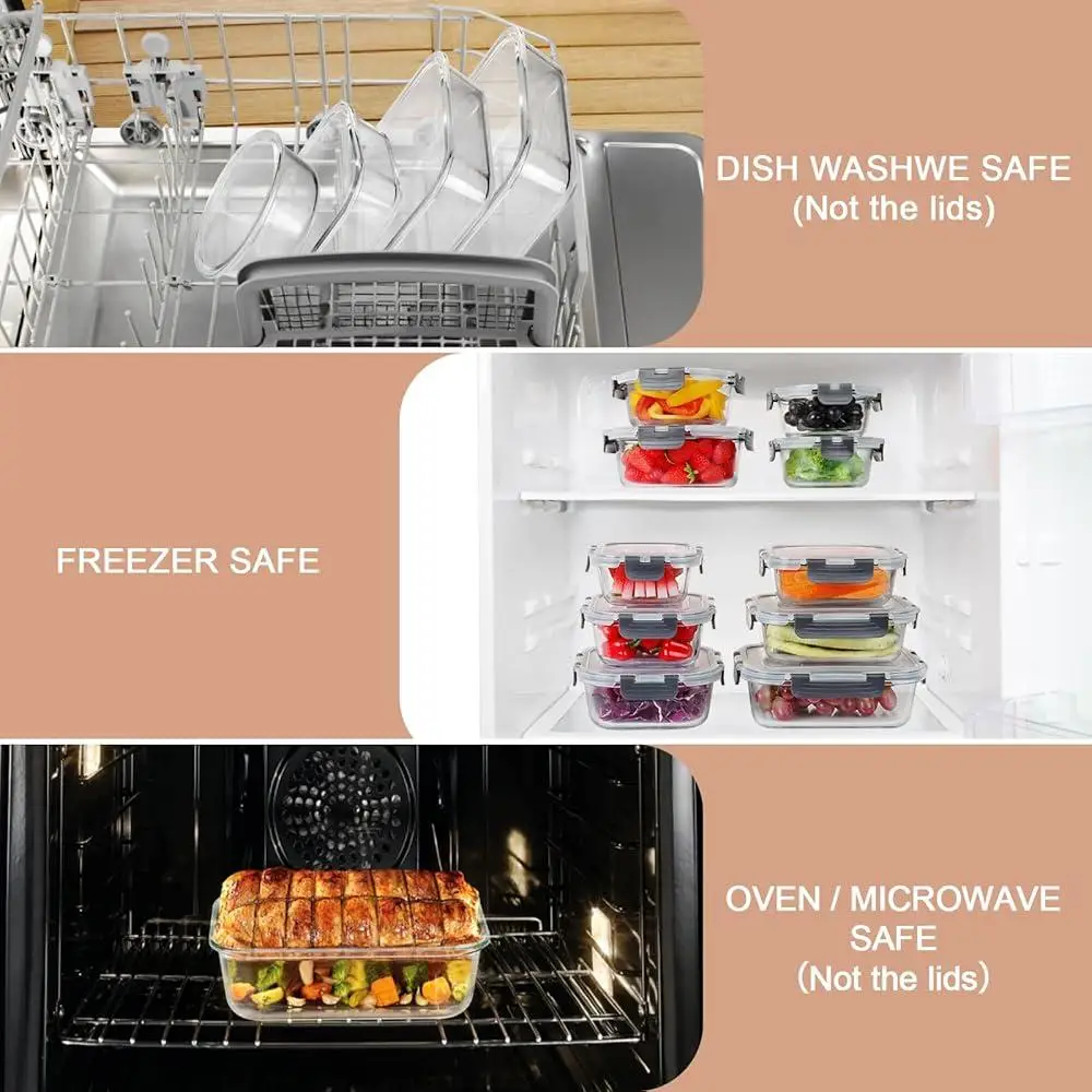 Glass Food Storage Containers Set 15 Pack Leak Proof Meal Prep Bento Boxes Borosilicate Glass Kitchen Organization Dishwasher