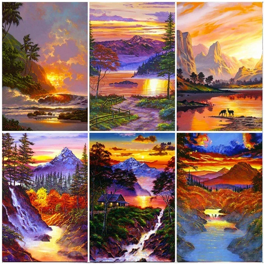 Diamond Painting Mountain Cross Stitch Full Square Diamond Embroidery Landscape Rhinestones Mosaic Sunset Decor For Home