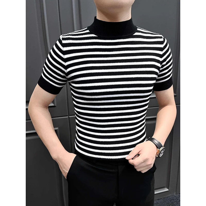 T-shirt tricoté rayé slim fit pour homme, collection Printemps-Été 2026, à manches courtes, décontracté, polyvalent, idéal pour le travail et les occasions sociales