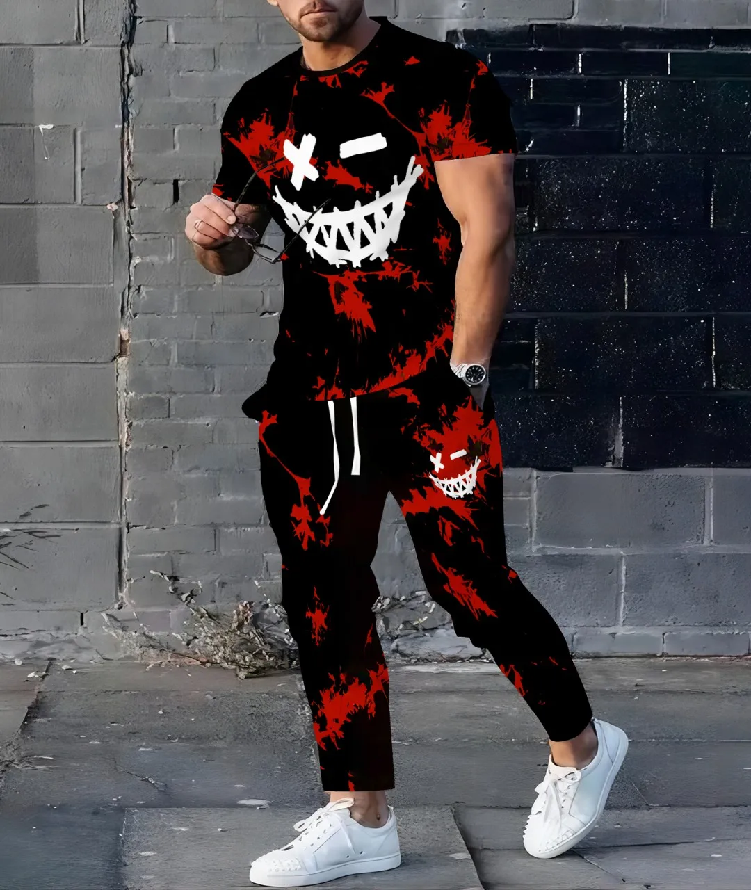 

2025 Summer new men's Tracksuit 2-piece tracksuit Evil Smile 3D Printed Summer casual men's suit Short sleeve T-shirt + pants