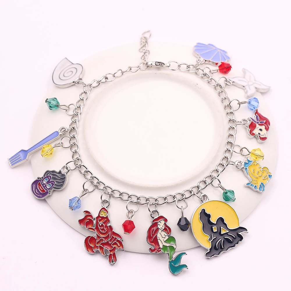 Classic Animated Movie The Little Mermaid Metal Enamel Pendant Bracelet Princess Ariel Sebastian Cartoon Charm Bracelet For Girl