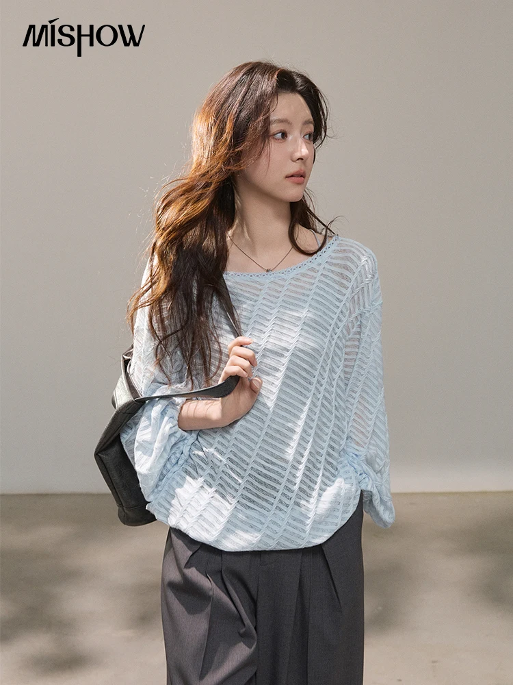 MISHOW Women's Slightly Transparent Textured Thin Sweater Spring Square Neck Cuff Elastic Loose Light Blue Knitte Top MXF14X2538