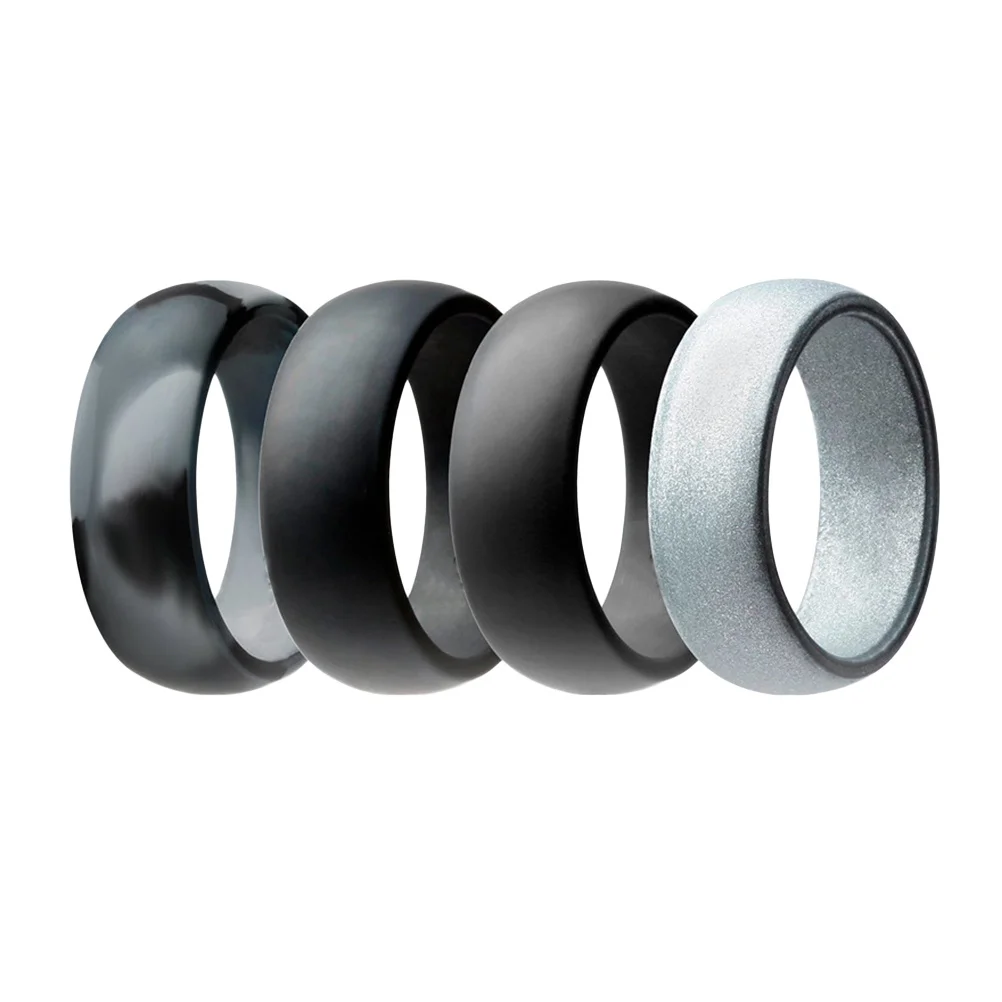 4Pcs Silicone Wedding Bands Flexible Sports Rings Waterproof Gym Swim Dive Size 9 Camo Grey Black Dark Grey Silver