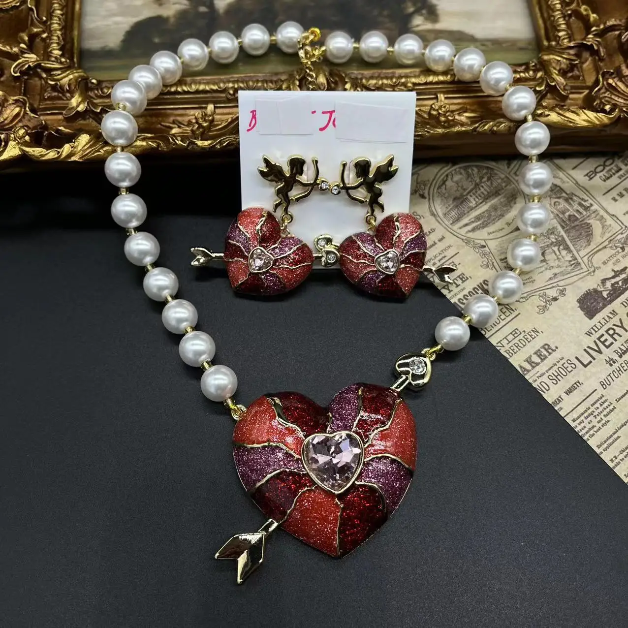 Vintage cute sweet Cupid pierced the heart with an arrow BJ enamel heart earrings pearl necklace set