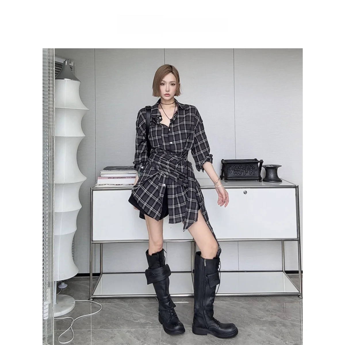 

IAMCPLUS Plaid Shirt with Belt Spring Summer 2026 Women's Fashion Breathable Skin-friendly Long Sleeve Short Length