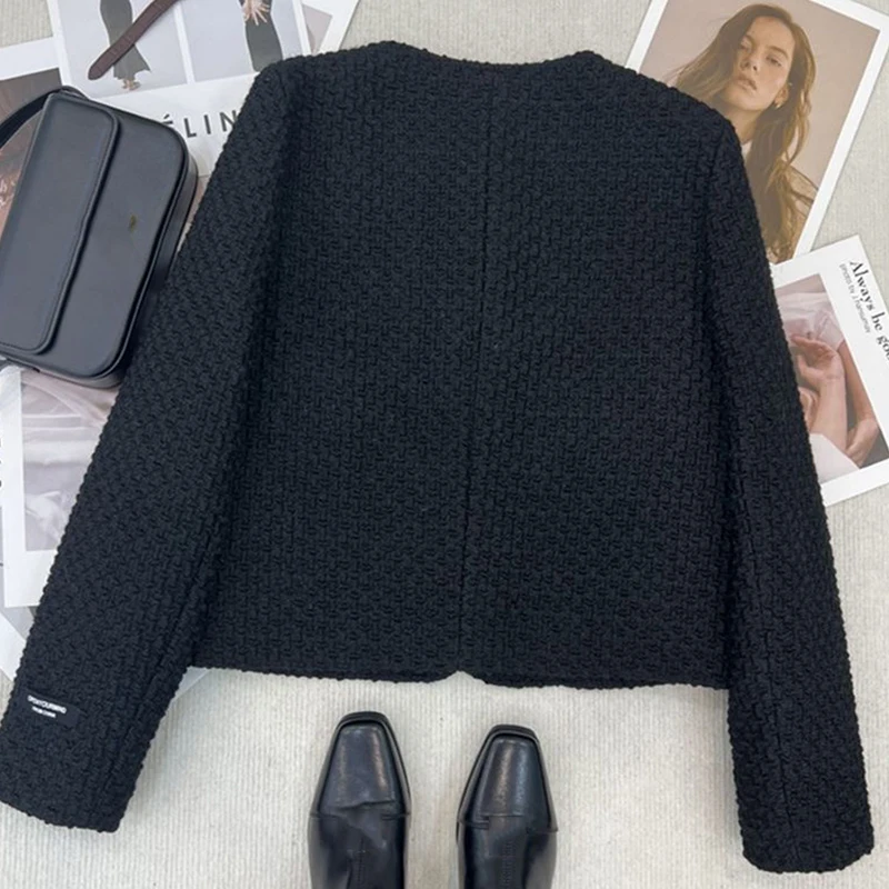 Abrigo corto de Tweed con cuello redondo para mujer, Chaqueta de algodón de plumón negro, doble botonadura, prendas de vestir elegantes e informales, Top para mujer, Otoño e Invierno