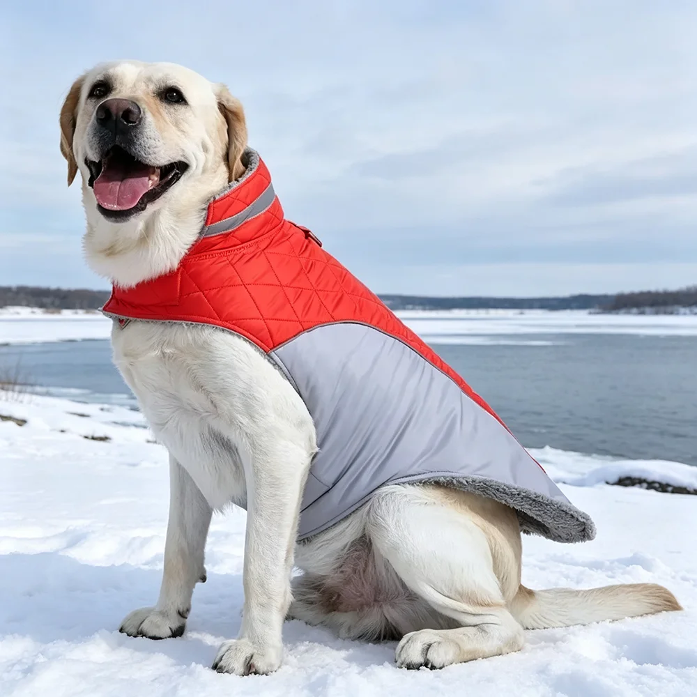 Winterwarme große Hundekleidung, reflektierende Haustierweste, dicke, mit Fleece gefütterte Jacke, Oberbekleidung für mittelgroße und große Hunde, Labrador, Mops. – Detail 16