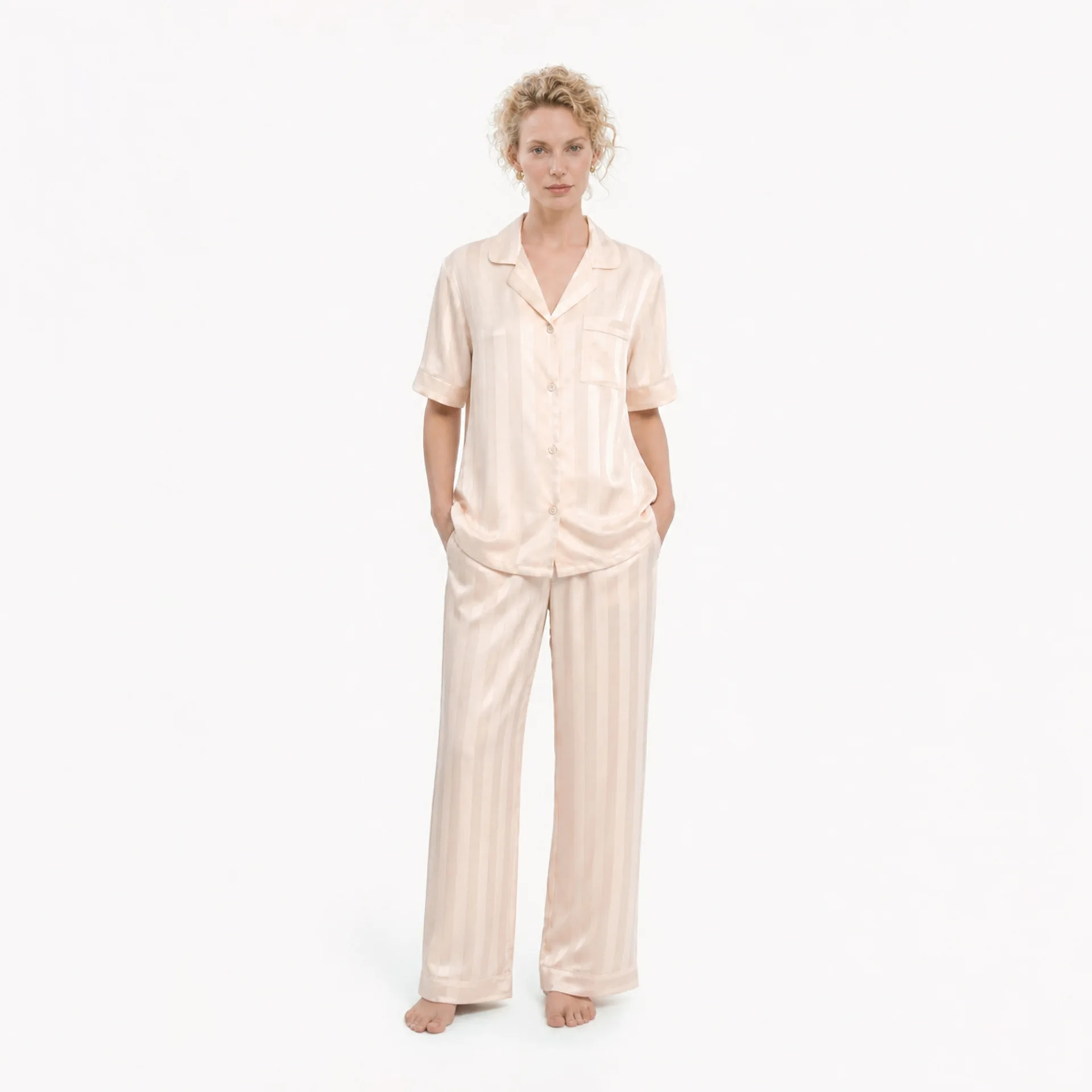 New Satin Jacquard Pajamas Women's Lapel Short Sleeved Shirt Long Pants Striped Casual Suit Simulated Silk Comfort Home Clothes