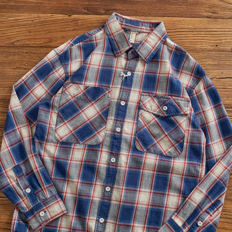 

Men's Classic Red Blue Plaid Shirt Vintage Flannel Long Sleeve Distressed Cotton Overshirt Grunge Style Relaxed Fit Work Shirts