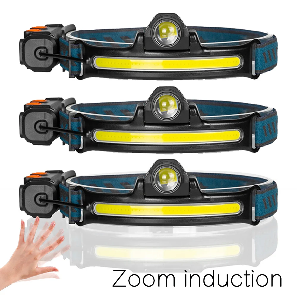 Wave Sensor LED Headlamp Powerful XPG+COB Headlight with Built-in 18650 Battery