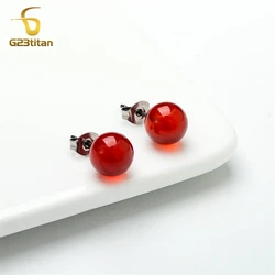 Charming Red Carnelian Stone Earrings for Women Medical G23 Titanium Piercing Ear Studs 4mm 6mm 8mm Agate Ball Bead Jewelry Gift