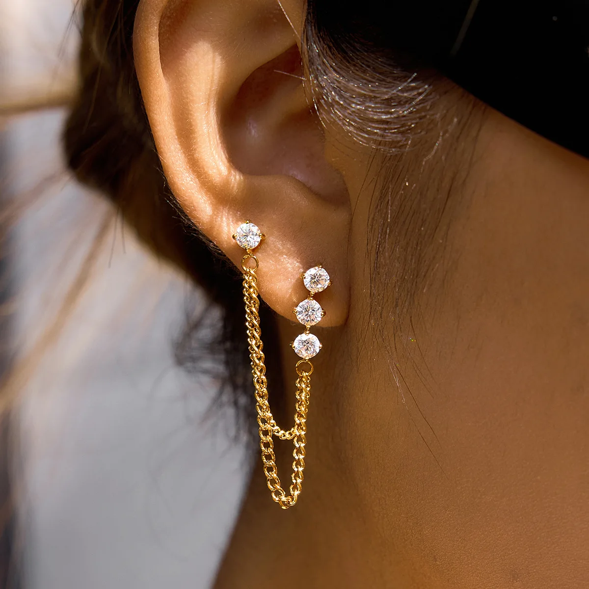 18K Gold Plated Stainless Steel Cubic Zirconia Drape Chain Earrings for Women, Multi Stone Connecting Studs, Daily Gift