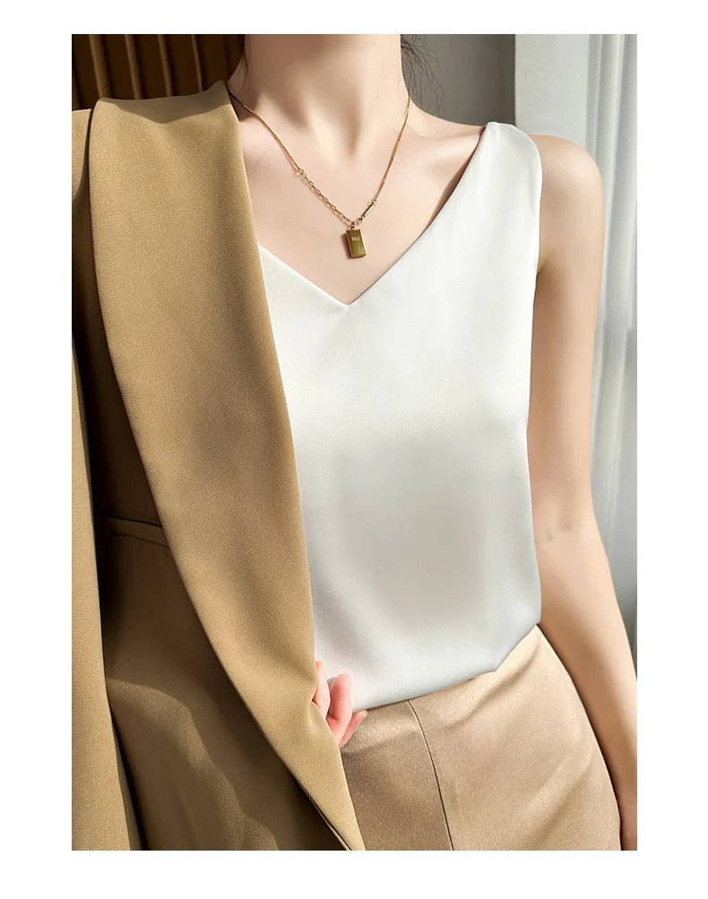 Seidensatin-Damen-Tanktop mit doppelter Schulterpartie, V-Ausschnitt, ärmelloses Top, T-Shirt, elegantes Crop-Top, solide, lässig, Basic, 2025, Sommer – Detail 13