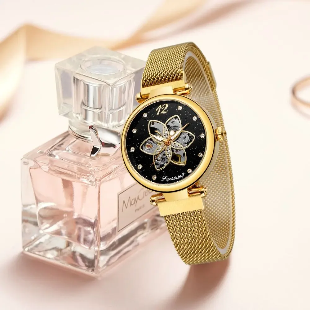 FORSINING Women Elegant  Automatic Mechanical Watch Carved Hollowed Out Design Stainless Steel Ladies Luxury Reloj Watches