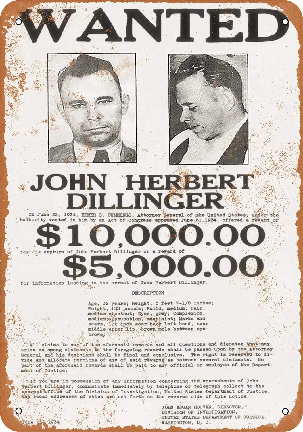 1p,John Dillinger Wanted Poster Home Decoration Retro Metal Tin Sign es, TinSignEUa13083