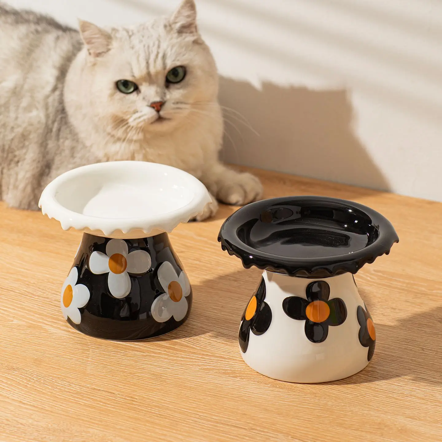Creative Floral Ceramic Cat Dog Bowl,Raised Non-Slip Pet Feeder, Anti-Tip Wide Opening Prevents Black Chin, Easy Clean,Cute Gift