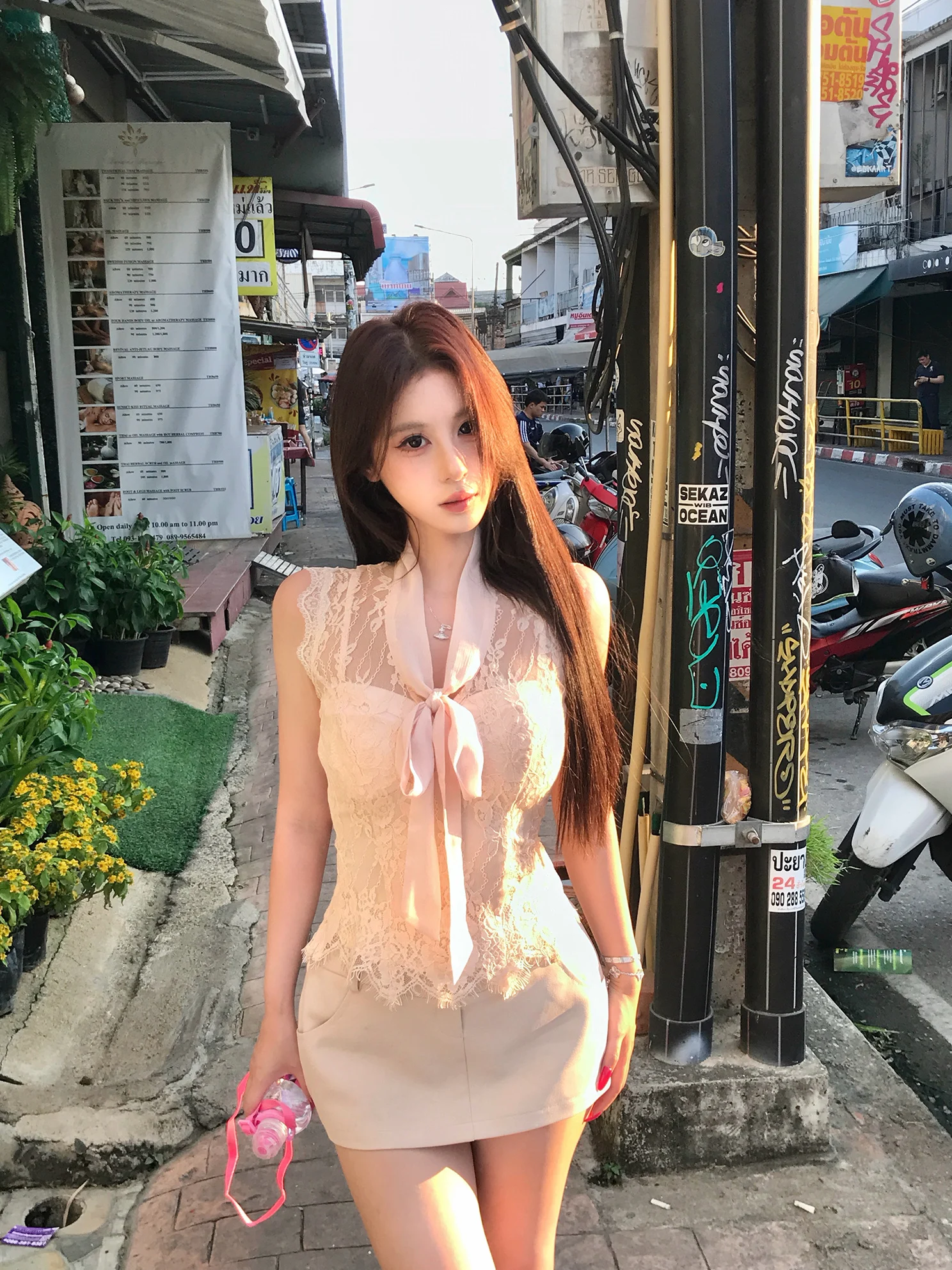 

Mejiu Sexy Knot Waist-Cinching Svel Chiffon Top Women's Faionable Trendy Pullover Polyester Blend Spring