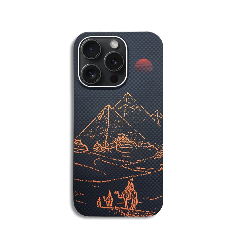 600D Aramid Fiber Strong Magnetic Suction Suitable for IPhone 15 16 Pro MAX Egyptian Pyramid Camel Design Carbon Fiber