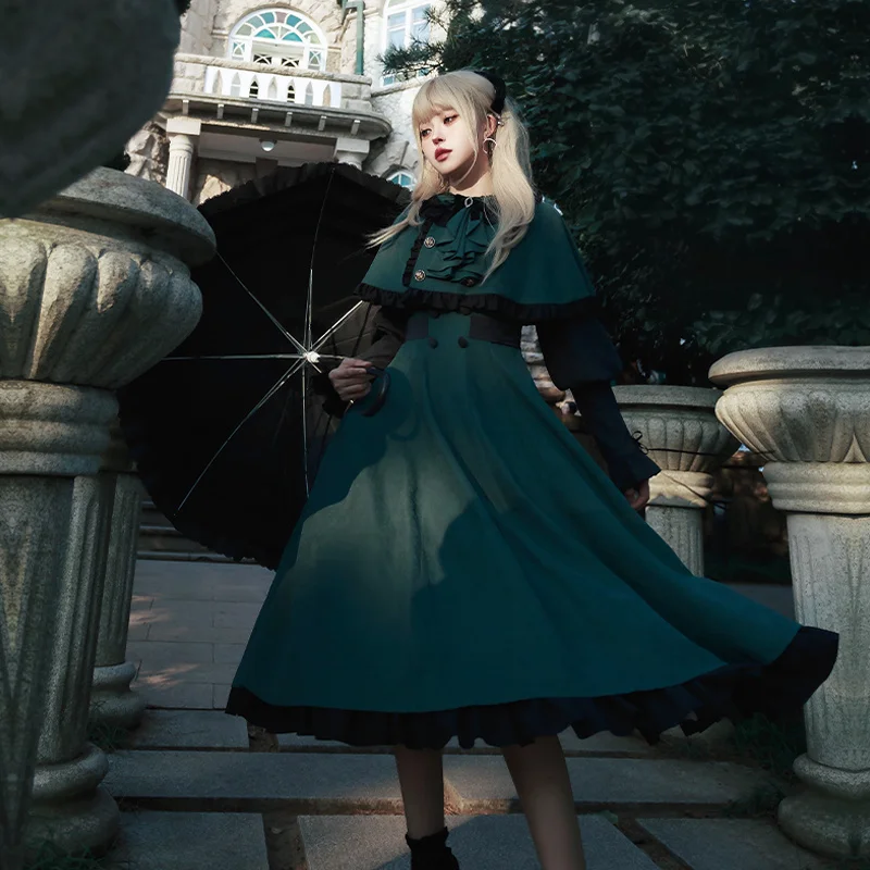 Black Green Contrasting OP Dress Cape 2-piece College Autumn Lolita Dress With Bow Tie