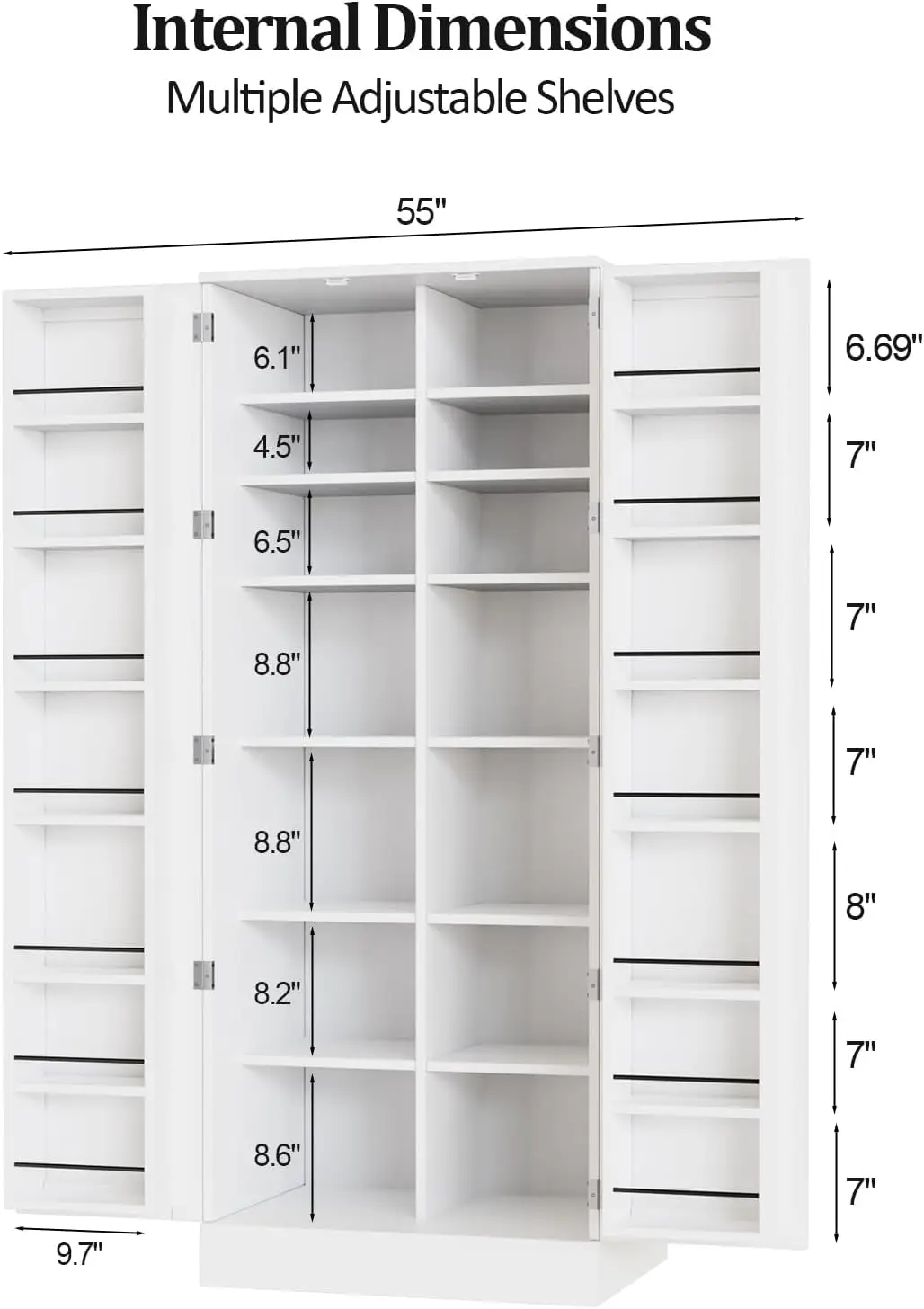 Armoire de Rangement de Cuisine Blanche de 59 Pouces de Haut, Garde-Manger avec 2 Portes et Étagères Réglables, Planche Chi de Stockage des citrouille pour Salle à Manger