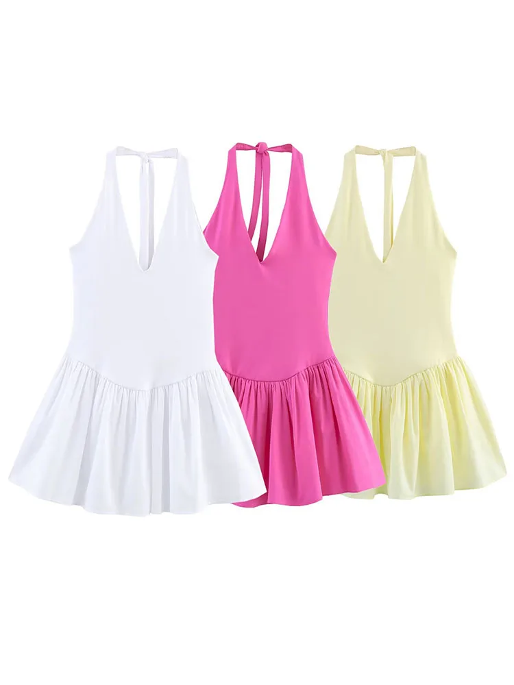 HH Dames nieuwe zomer zoete strik halter halskraag 3-kleuren gesplitst ​ ​ Jurk Vrouwelijke elegante geplooide slanke mouwloze mini-jurk