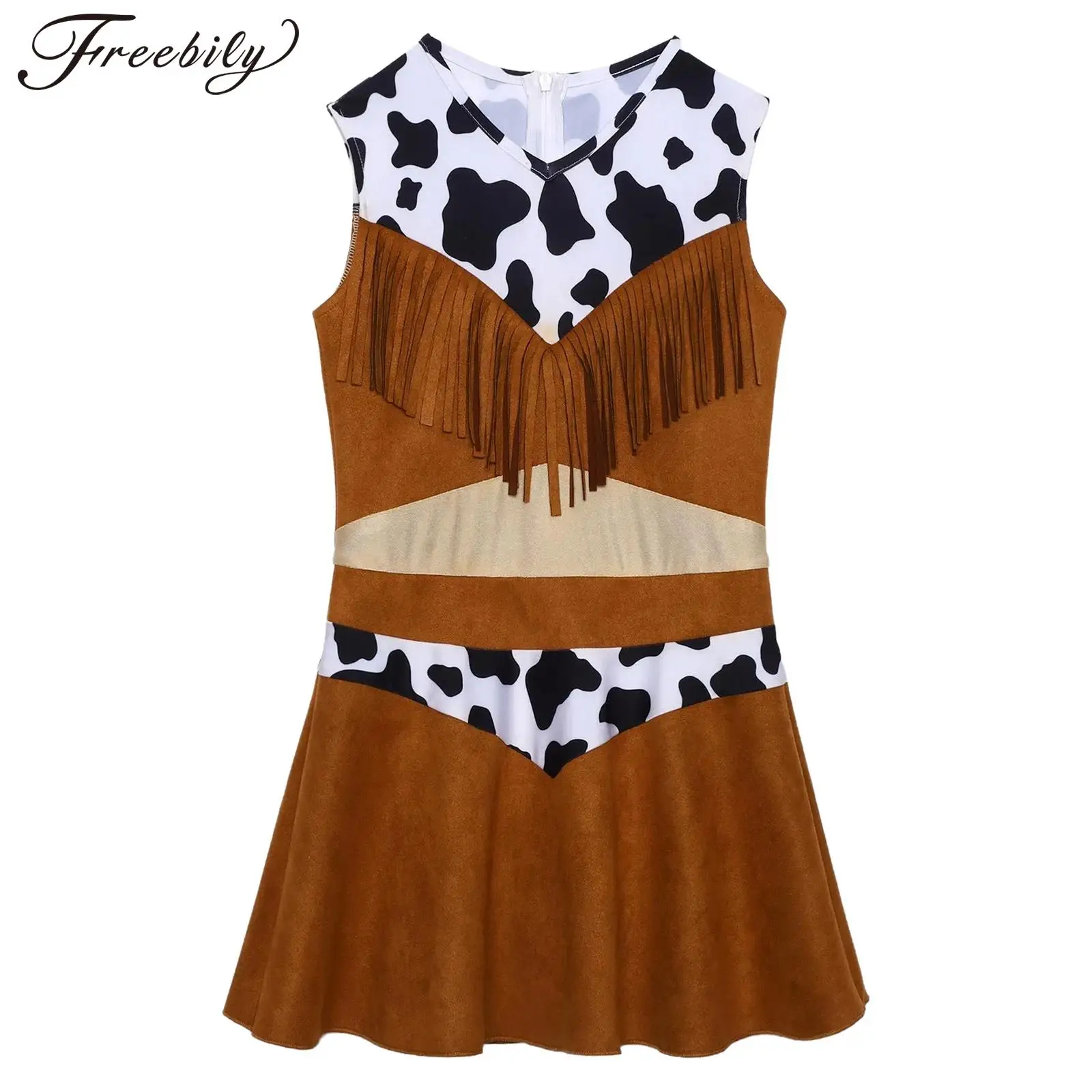 

Teen Girls Western Cowboy Cowgirl Costume Halloween Carnival Party Cosplay Fancy Dress Up Sleeveless Tassels Cow Print Dress