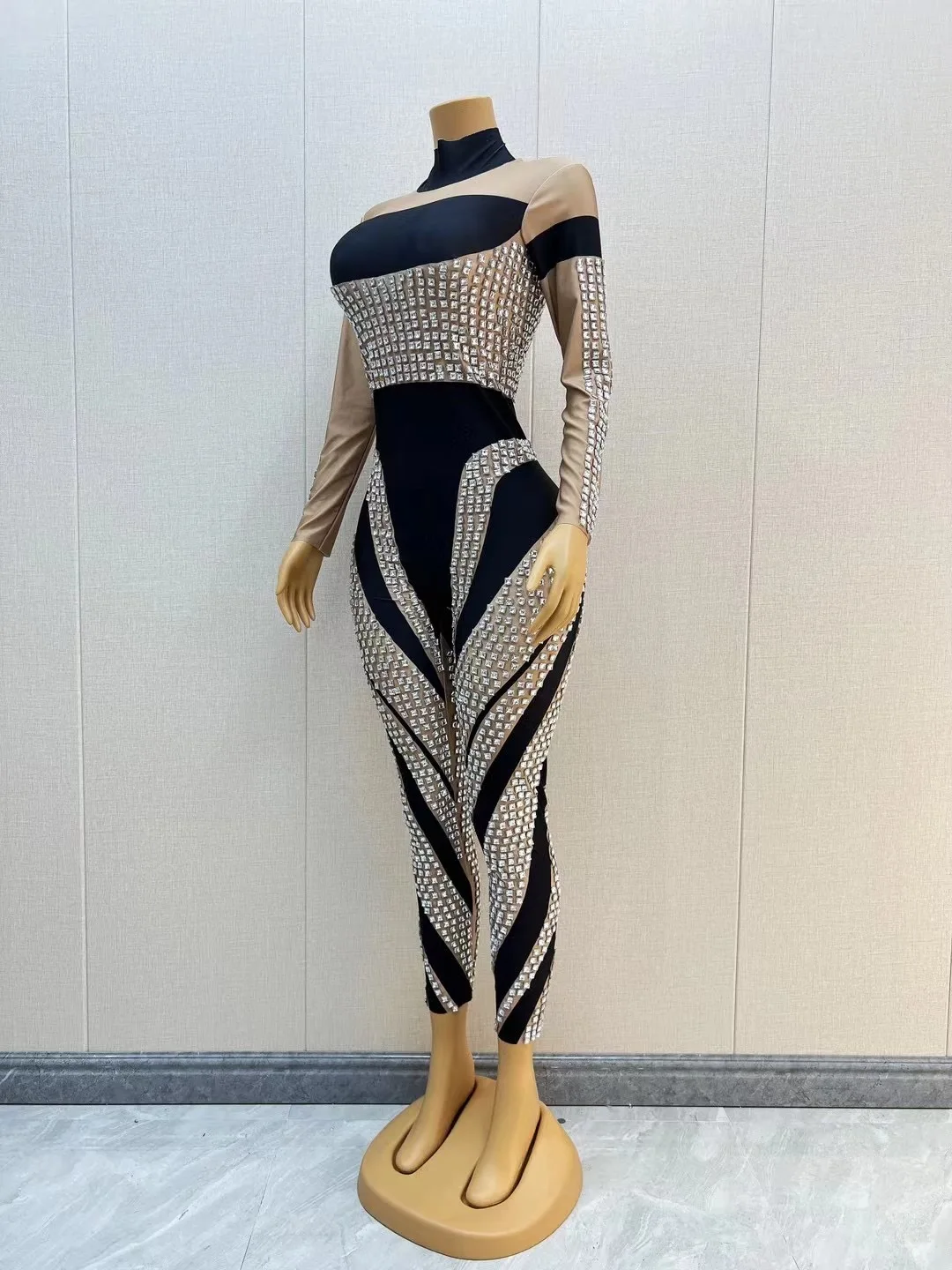 Sexy Bühne Silber Strass Nude BlackJumpsuit Overall Abend Geburtstag Feiern Kostüm Leggings FotoshootingJumpsuit C183