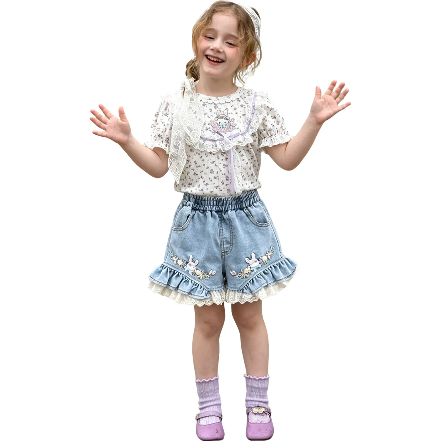 New Arrival Toddler 1-12Y Girl Korean Cute Jean Bottoms, Bunny Stitch Frill Edge Short Trousers for 90-150cm