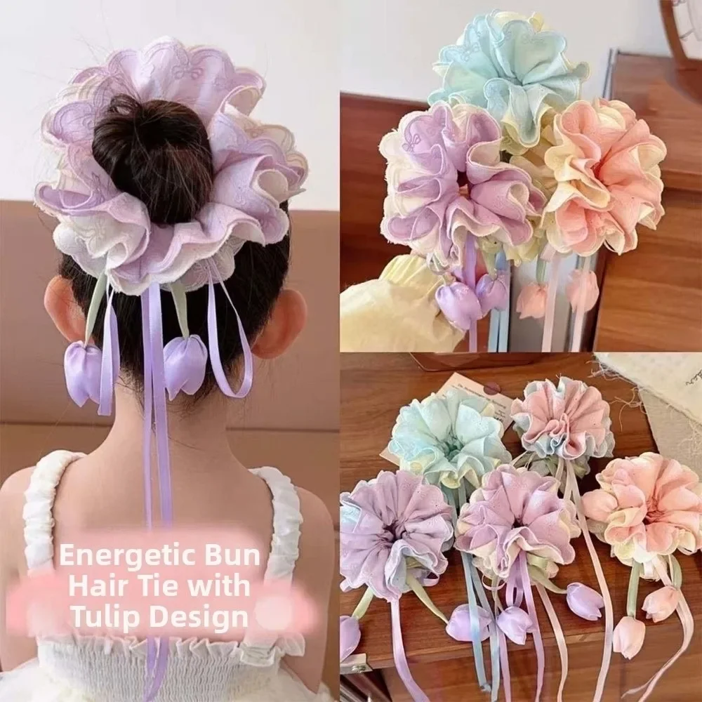 Flower Hair Rope Floral Tulip Hair Scrunchie Multicolor Elastic Ribbon Hair Tie Lightweight Handmade-feel Kids Bun Maker Kids