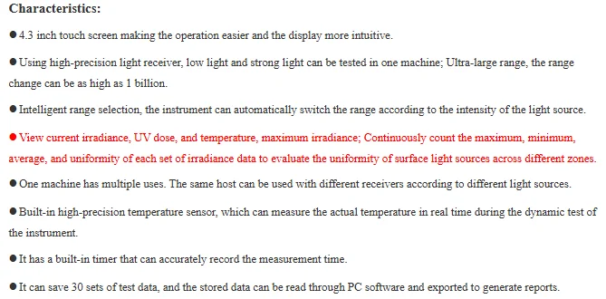 Touch Screen UV Radiometer TS280S for irradiance, UV dose, and temperature, maximum irradiance;  maximum, minimum, average