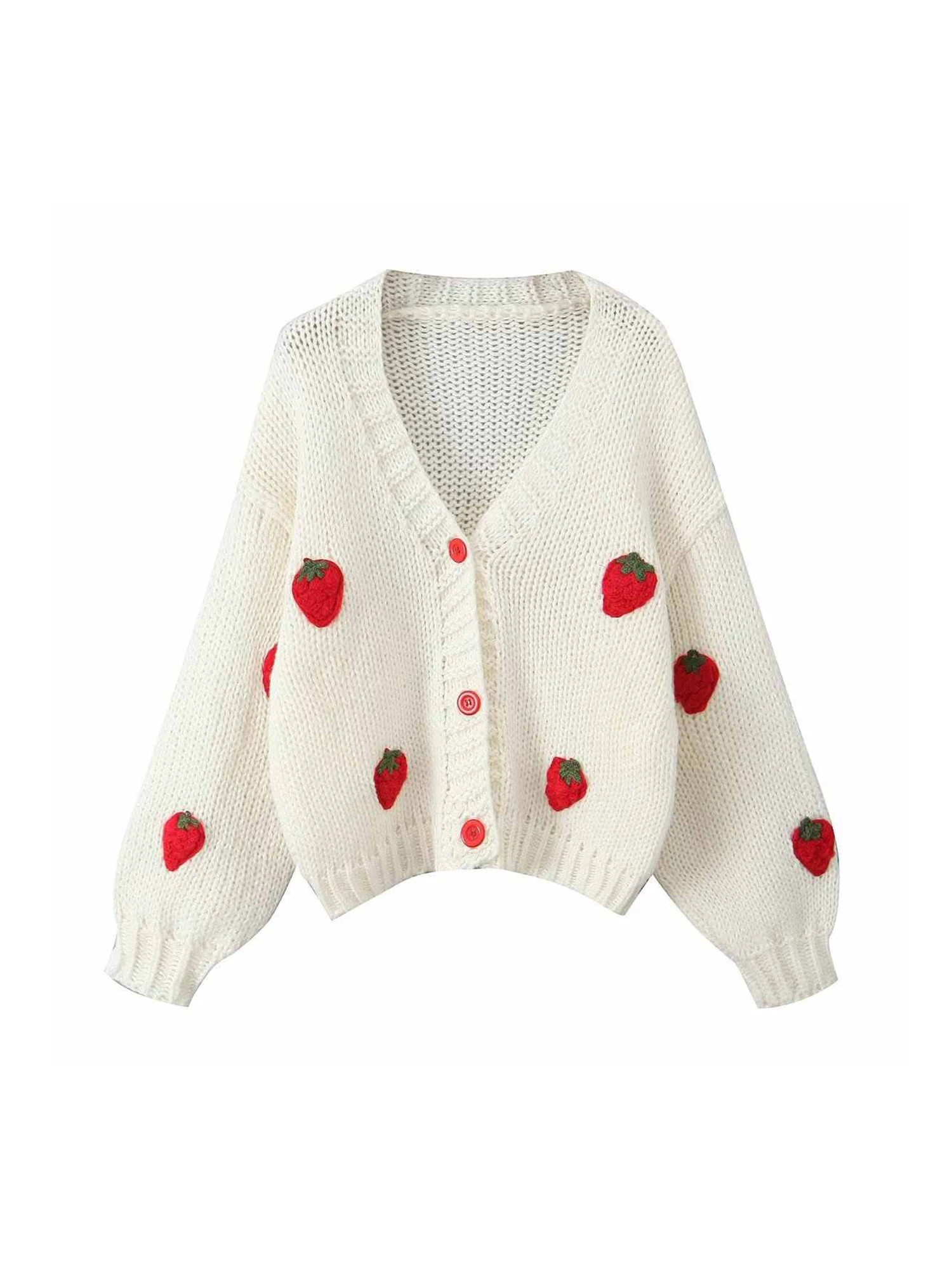 

Women's White Strawberry Cardigan Sweater Vintage 2000s Y2k Knitwear Outerwear Long Sleeves V-Neck Sweater Autumn Winter Clothes
