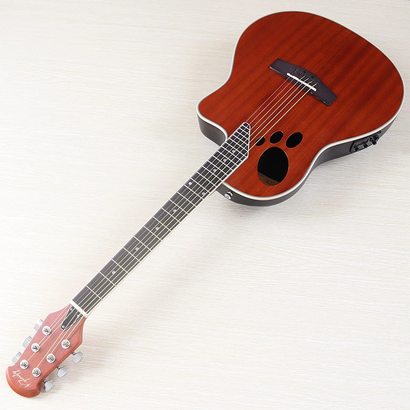 

41-дюймовая электроакустическая гитара, 6 струн, Sapele, круглая задняя часть с эквалайзером и вырезом, глянцевая коричневая народная гитара, хорошая ручная работа