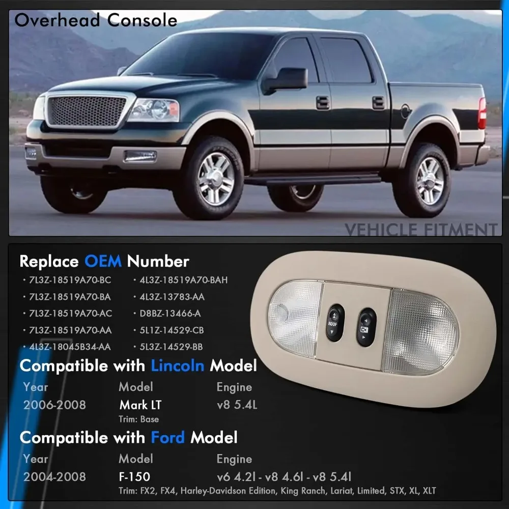 For Ford F150 2004-2008 Lincoln Mark LT 06-08 Overhead Console LED Dome Map Light & Sunroof Switch 7L3Z18519A70BA 7L3Z18519A70BC