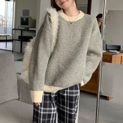 Autumn Winter Round Neck Long Sleeve Fashion Sweater Women High Street Striped Contrast Color Pullovers Vintage Comfortable Tops