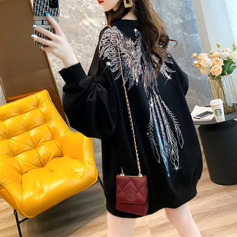 Rhinestone Wing Chic Black Korean Streetwear Oversized Female Sweatshirt Casual O Neck Long Sleeve Pullovers Tops Women Clothing