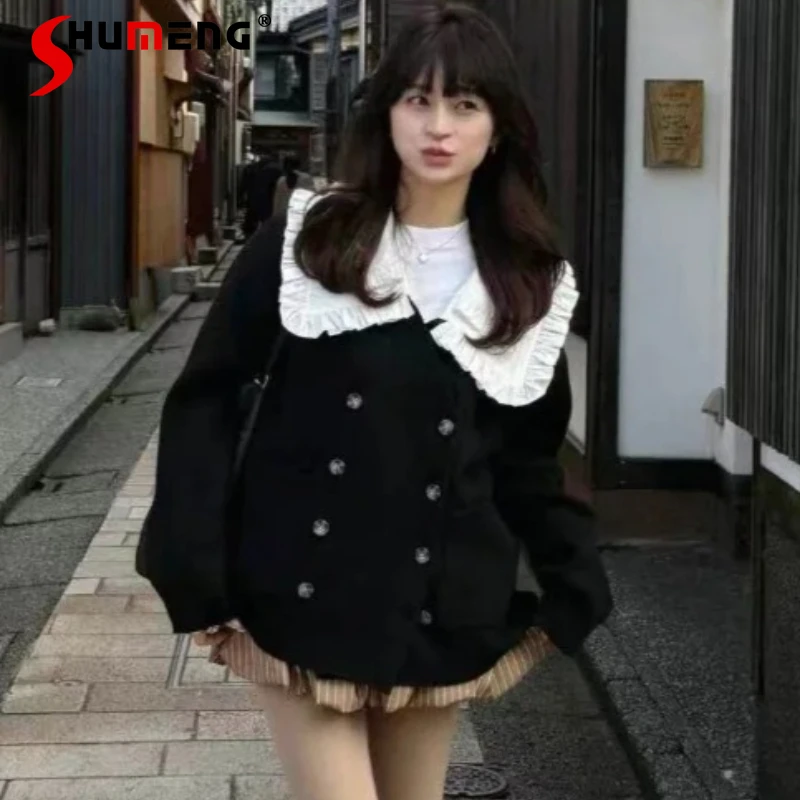 

Japanese Style Minimalist Lace Detachable Collar Vintage Double-breasted Knitwear Jacket Autumn Long-sleeves Cardigan Top Coat