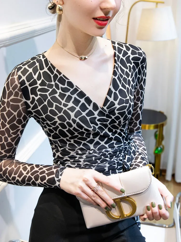 Leopard Print Mesh V-neck Long-sleeved T-shirt Women's Spring and Summer Sexy One-piece Cross-strap Bottoming Shirt Top