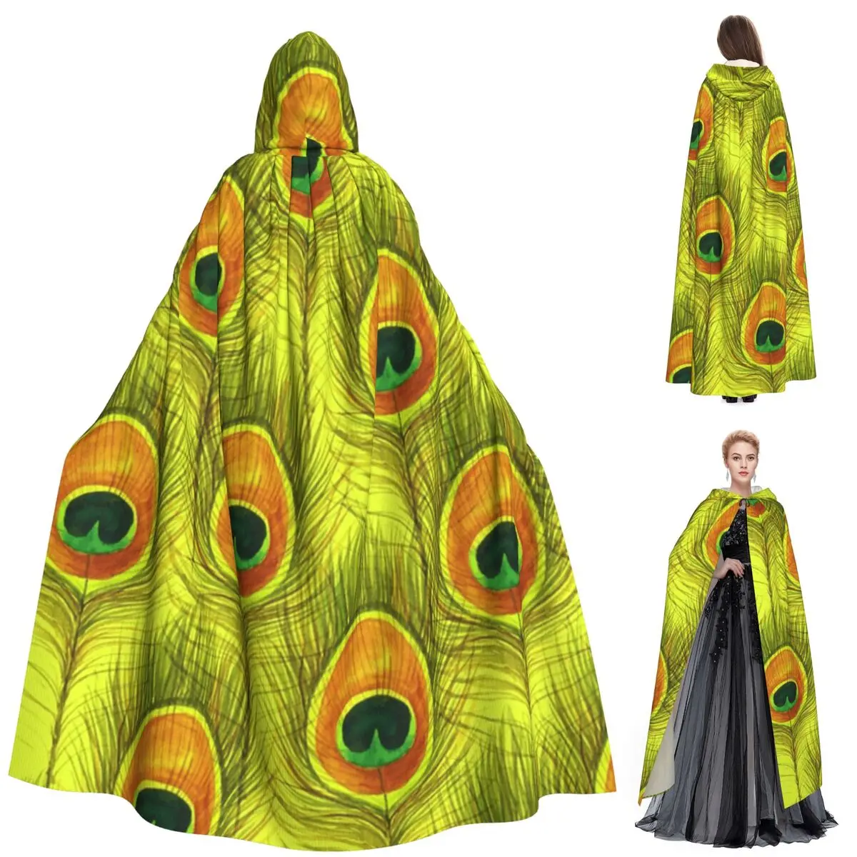 

Акварельное перо павлина, бесшовный узор, длинный плащ с капюшоном, средневековый костюм ведьмы, накидка для косплея, Хэллоуин, вампир, для взрослых, унисекс